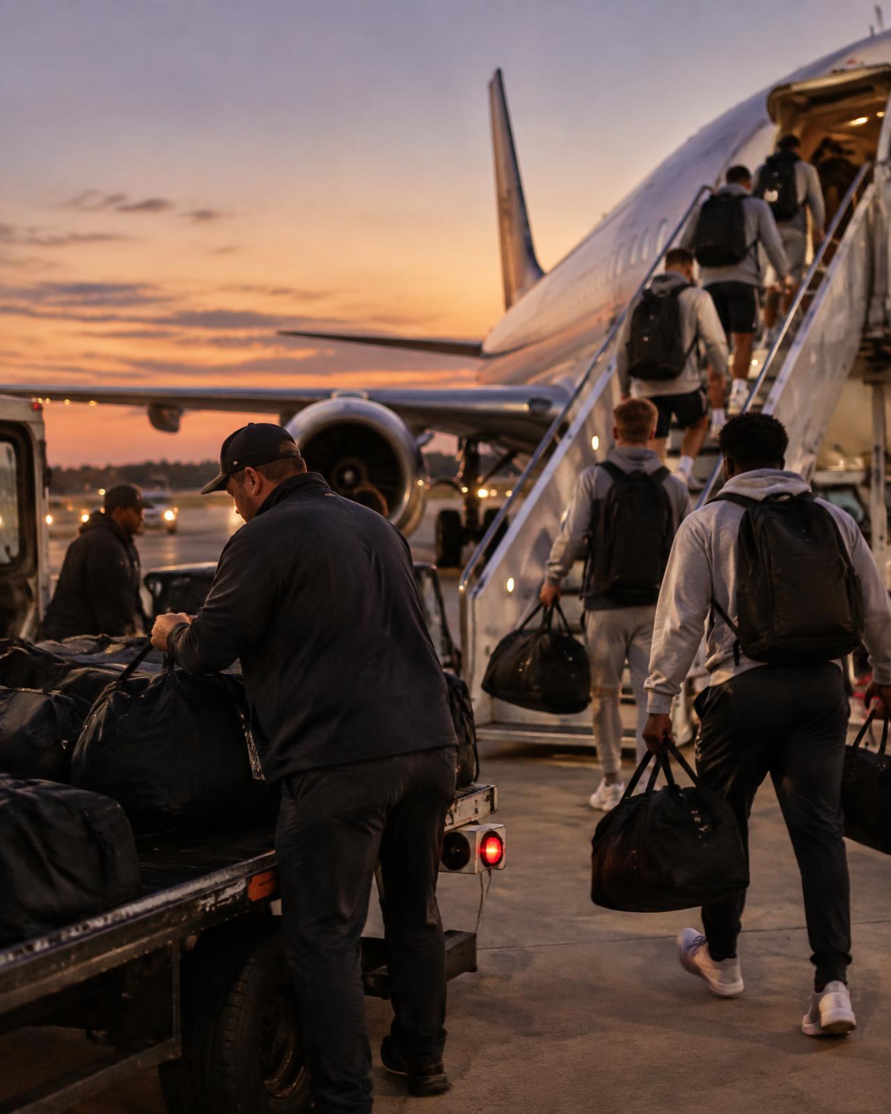 Players boarding a charter flight at dusk while staff load bags