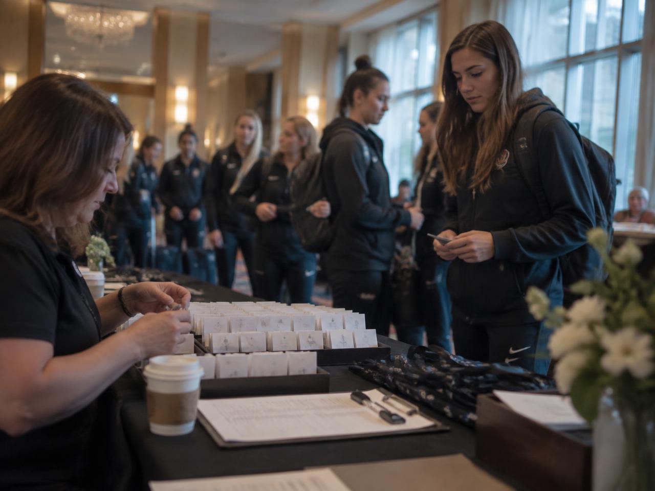 Hotel check-in table with team key envelopes
